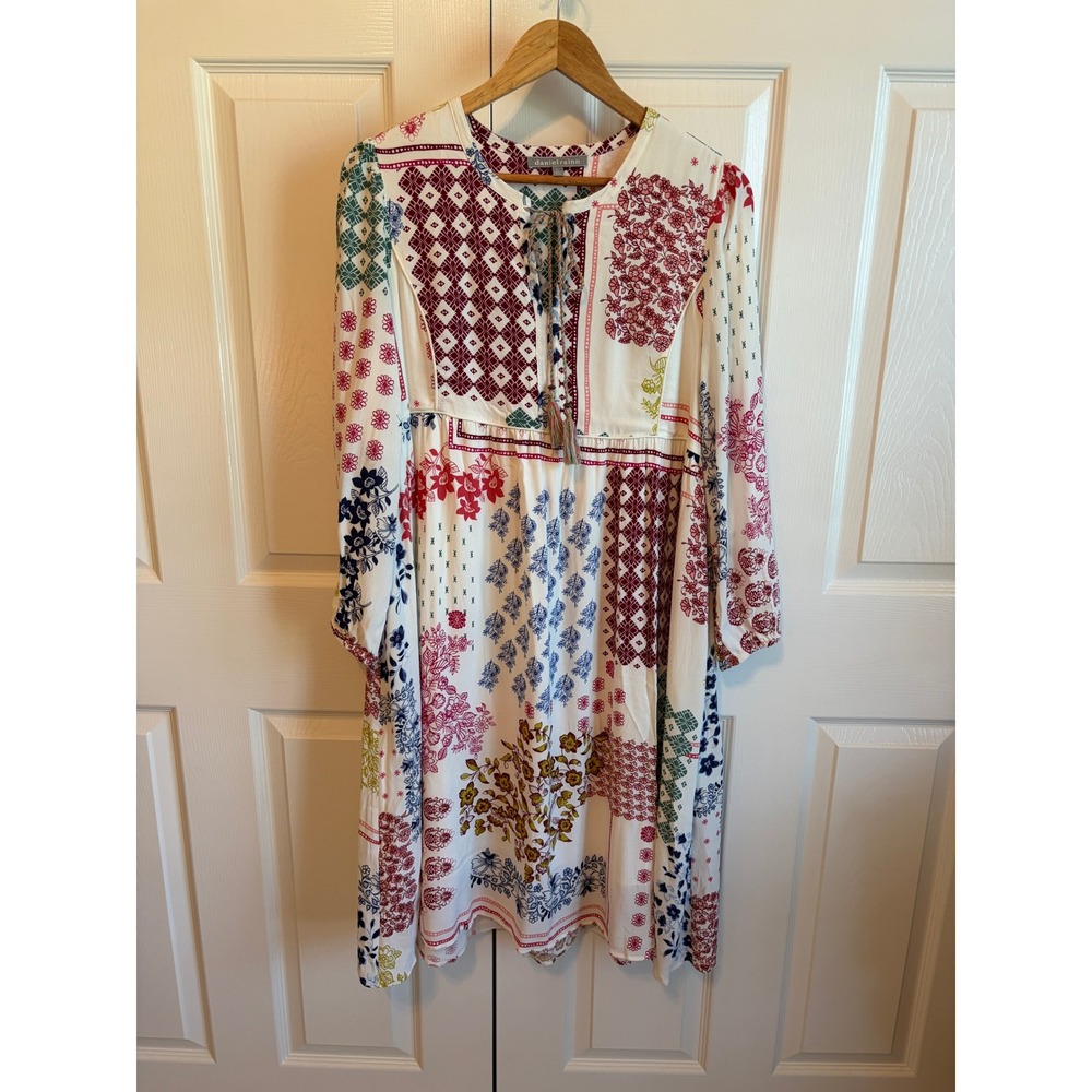 Daniel Rainn Womens Petite Large Patchwork Floral Tassel Tie Rayon Midi Dress